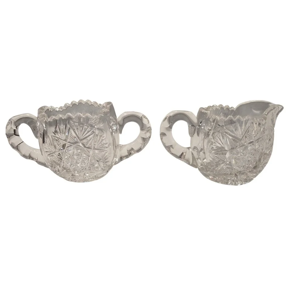 Vintage American Brilliant EAPG Clear Cut Glass Starburst Creamer and Sugar Set‎